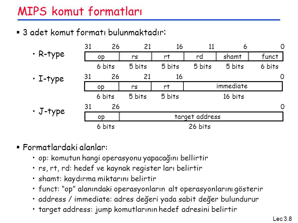 MIPS komut formatları 3 adet komut formatı bulunmaktadır: R-type