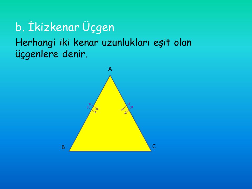 b. İkizkenar Üçgen Herhangi iki kenar uzunlukları eşit olan üçgenlere denir.