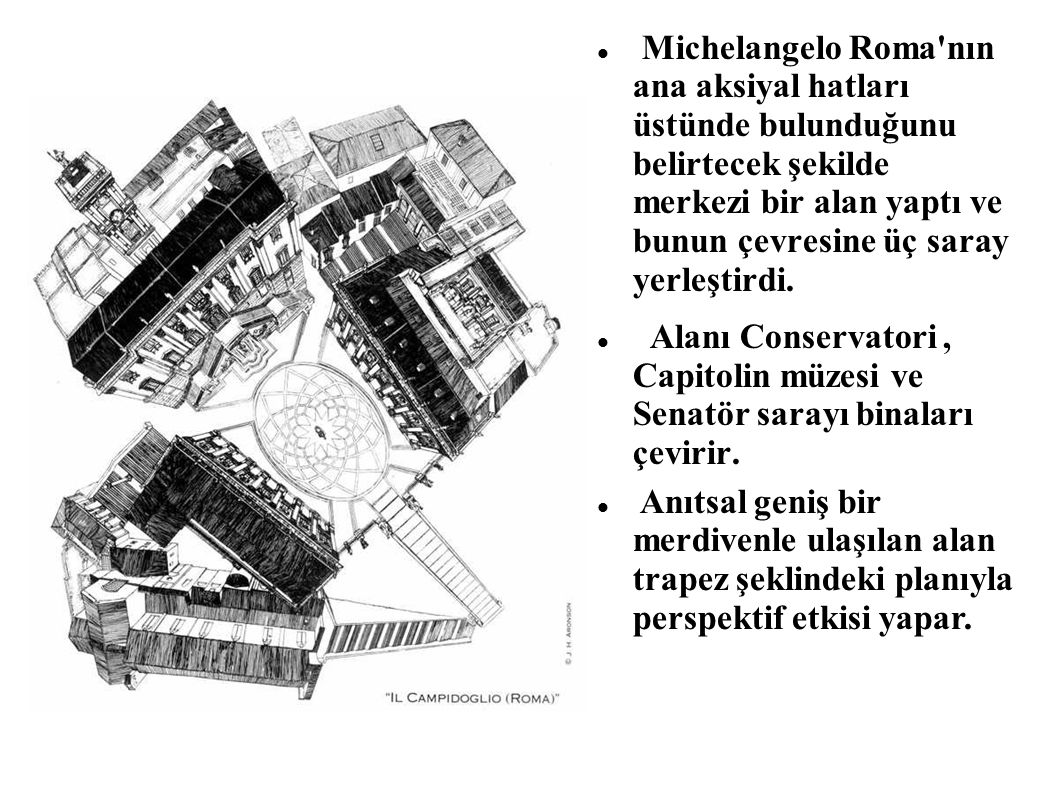 Michelangelo Roma nın ana aksiyal hatları üstünde bulunduğunu belirtecek şekilde merkezi bir alan yaptı ve bunun çevresine üç saray yerleştirdi.