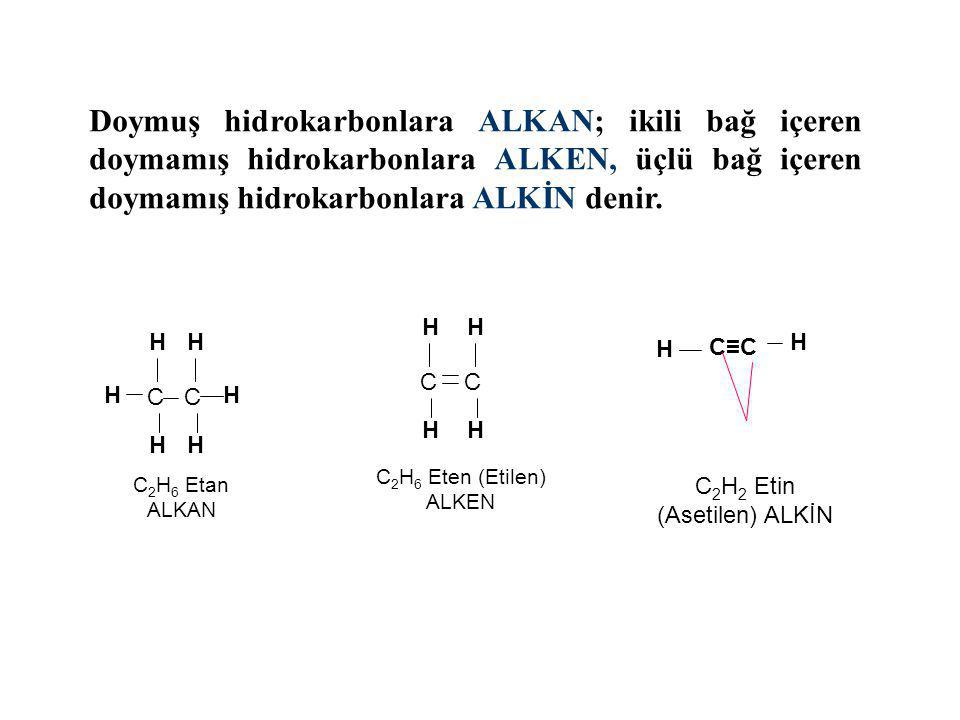 Doymuş hidrokarbonlara ALKAN; ikili bağ içeren doymamış hidrokarbonlara ALKEN, üçlü bağ içeren doymamış hidrokarbonlara ALKİN denir.