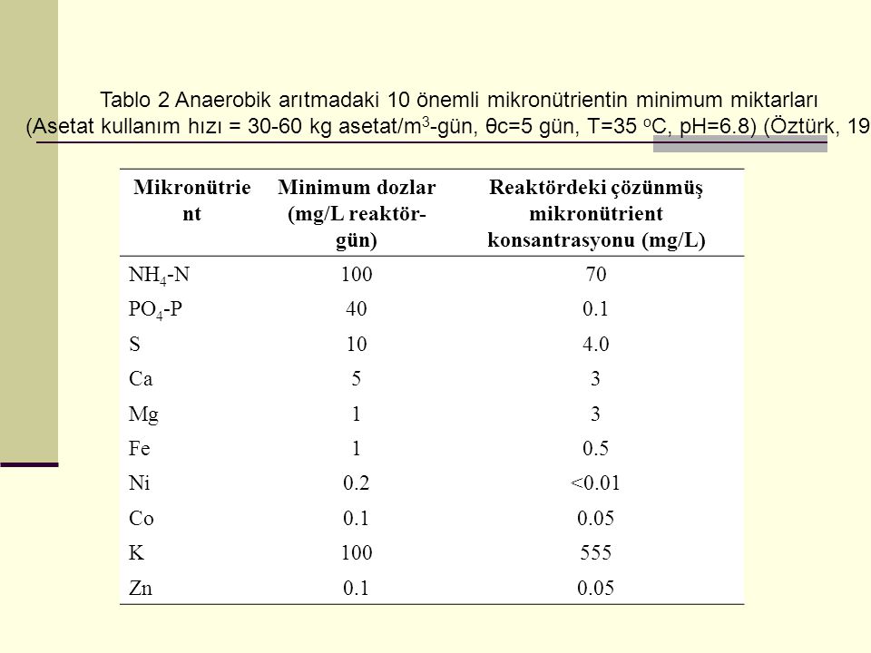 Reaktördeki çözünmüş mikronütrient konsantrasyonu (mg/L)