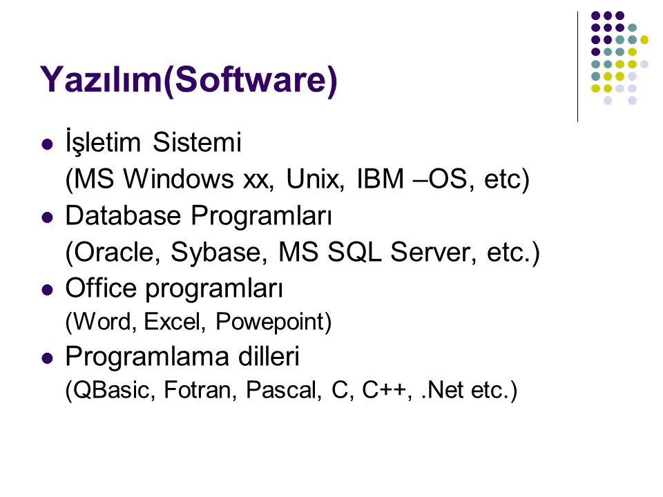 Yazılım(Software) İşletim Sistemi (MS Windows xx, Unix, IBM –OS, etc)