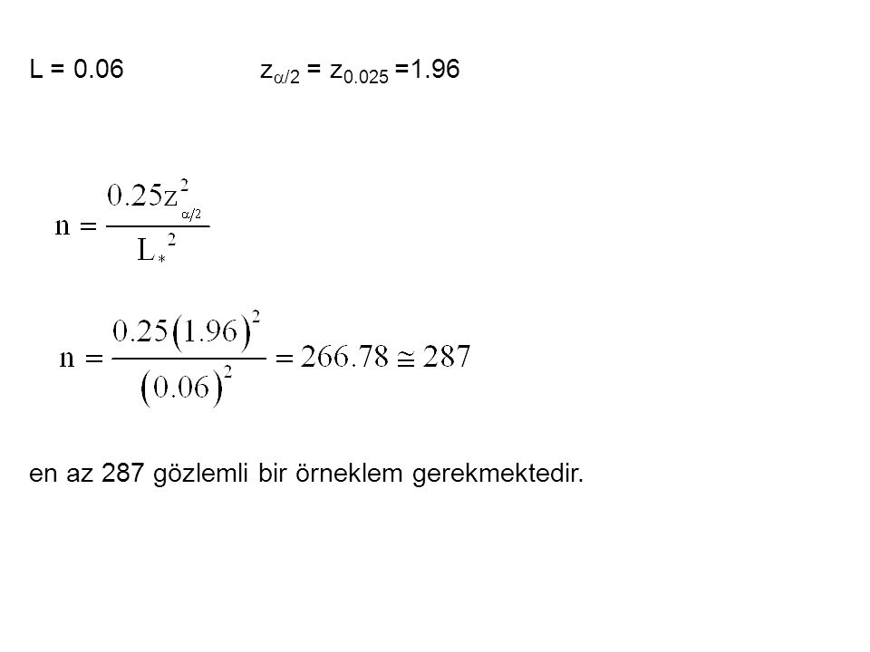 L = 0.06 z/2 = z0.025 =1.96 en az 287 gözlemli bir örneklem gerekmektedir.