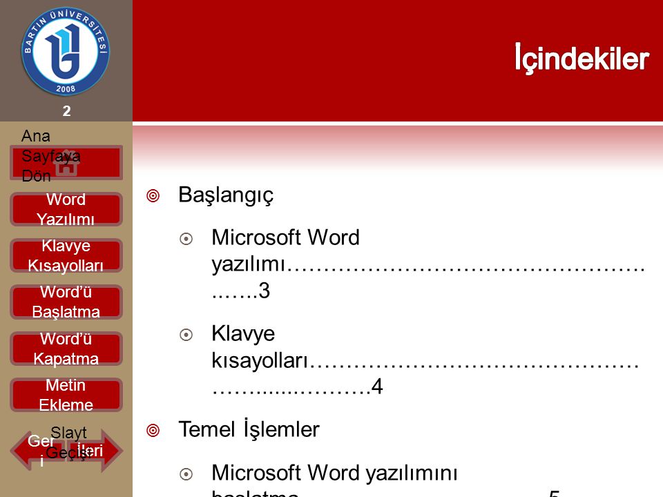 İçindekiler Başlangıç Microsoft Word yazılımı…………………………………………...…..3