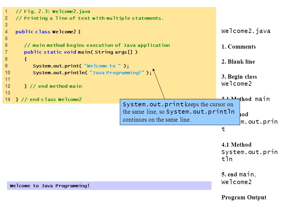 1 // Fig. 2.3: Welcome2.java 2 // Printing a line of text with multiple statements public class Welcome2 {
