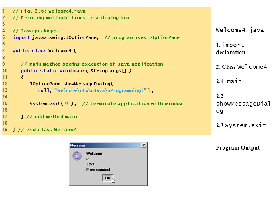 1 // Fig. 2.6: Welcome4.java 2 // Printing multiple lines in a dialog box // Java packages.