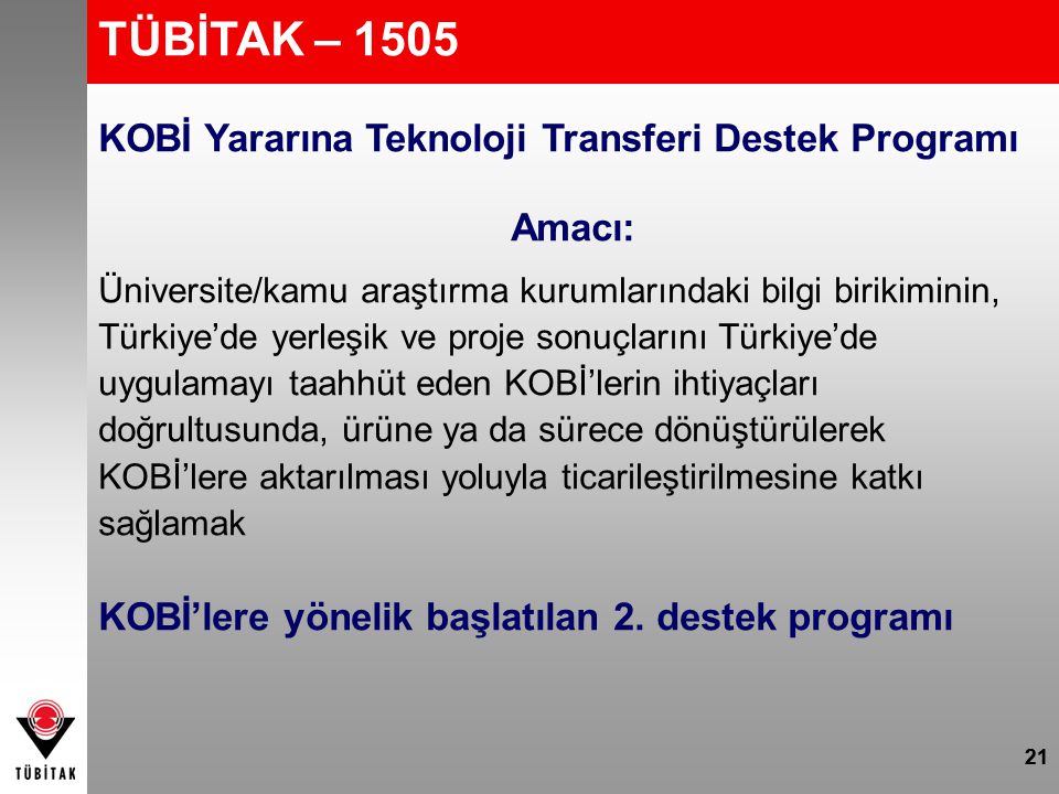 TÜBİTAK – 1505 KOBİ Yararına Teknoloji Transferi Destek Programı
