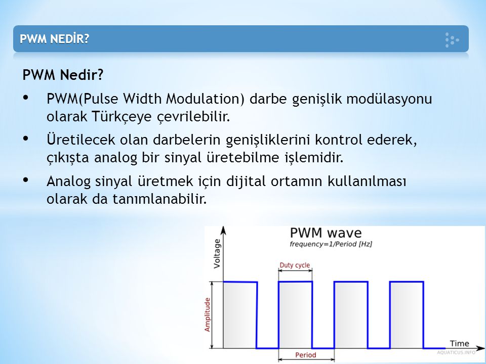 PWM NEDİR PWM Nedir PWM(Pulse Width Modulation) darbe genişlik modülasyonu olarak Türkçeye çevrilebilir.