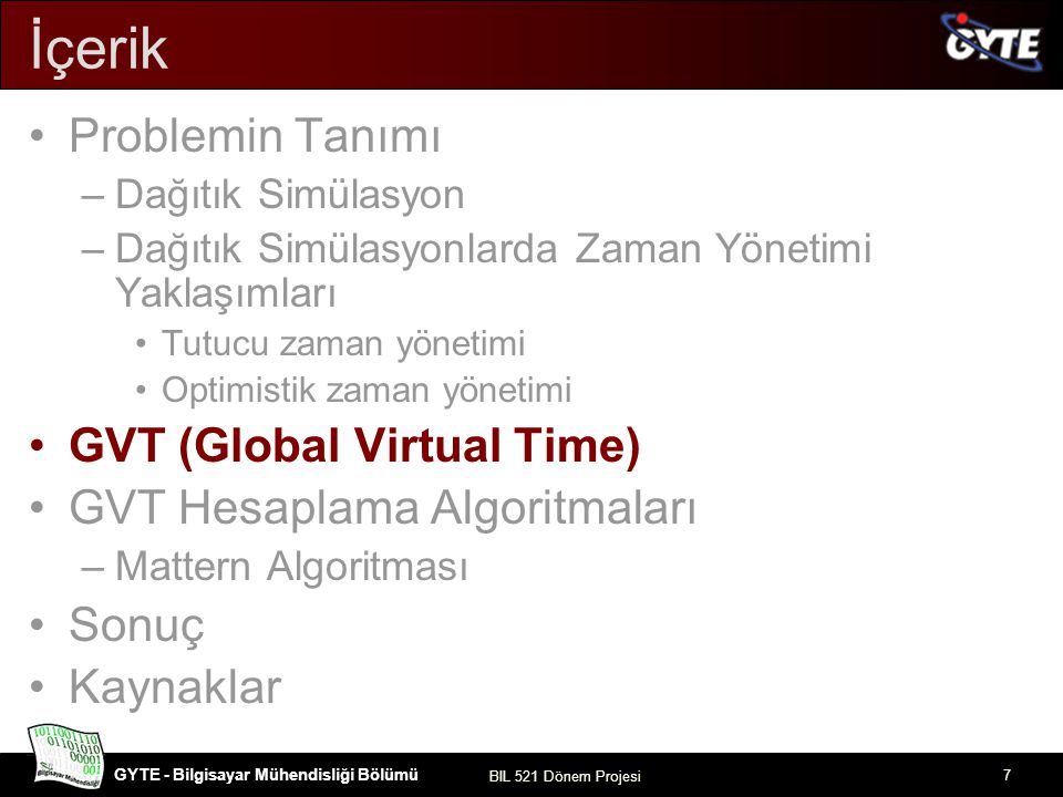 İçerik Problemin Tanımı GVT (Global Virtual Time)