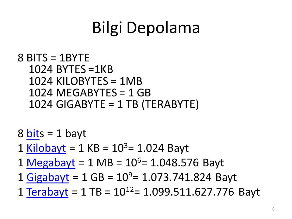 Bilgi Depolama 8 BITS = 1BYTE 1024 BYTES =1KB 1024 KILOBYTES = 1MB 1024 MEGABYTES = 1 GB 1024 GIGABYTE = 1 TB (TERABYTE)