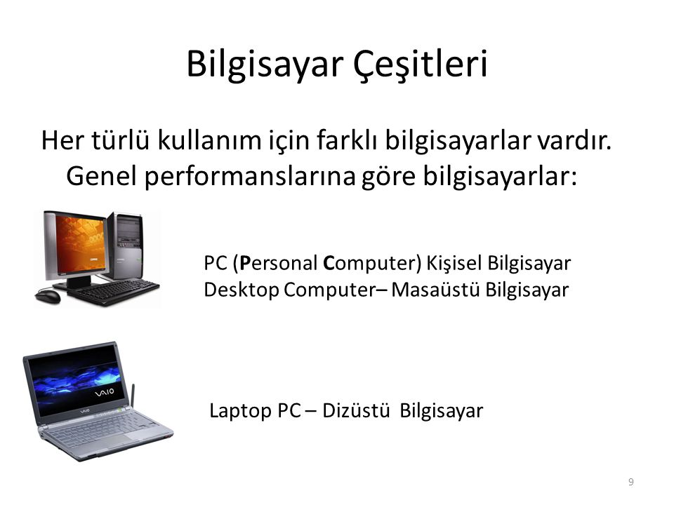 Bilgisayar Çeşitleri Her türlü kullanım için farklı bilgisayarlar vardır. Genel performanslarına göre bilgisayarlar: