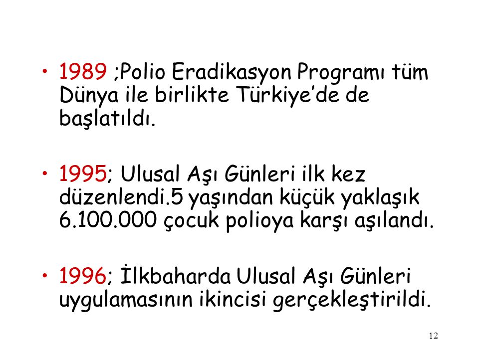 1989 ;Polio Eradikasyon Programı tüm Dünya ile birlikte Türkiye’de de başlatıldı.