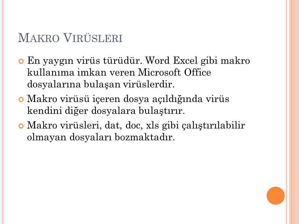Makro Virüsleri En yaygın virüs türüdür. Word Excel gibi makro kullanıma imkan veren Microsoft Office dosyalarına bulaşan virüslerdir.