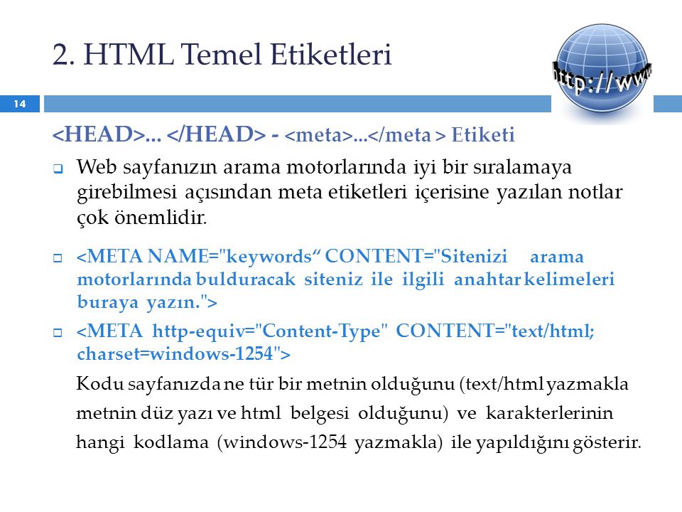 2. HTML Temel Etiketleri <HEAD>... </HEAD> - <meta>...</meta > Etiketi.