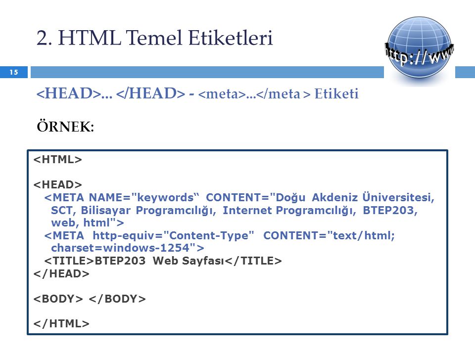 2. HTML Temel Etiketleri <HEAD>... </HEAD> - <meta>...</meta > Etiketi. ÖRNEK: <HTML> <HEAD>