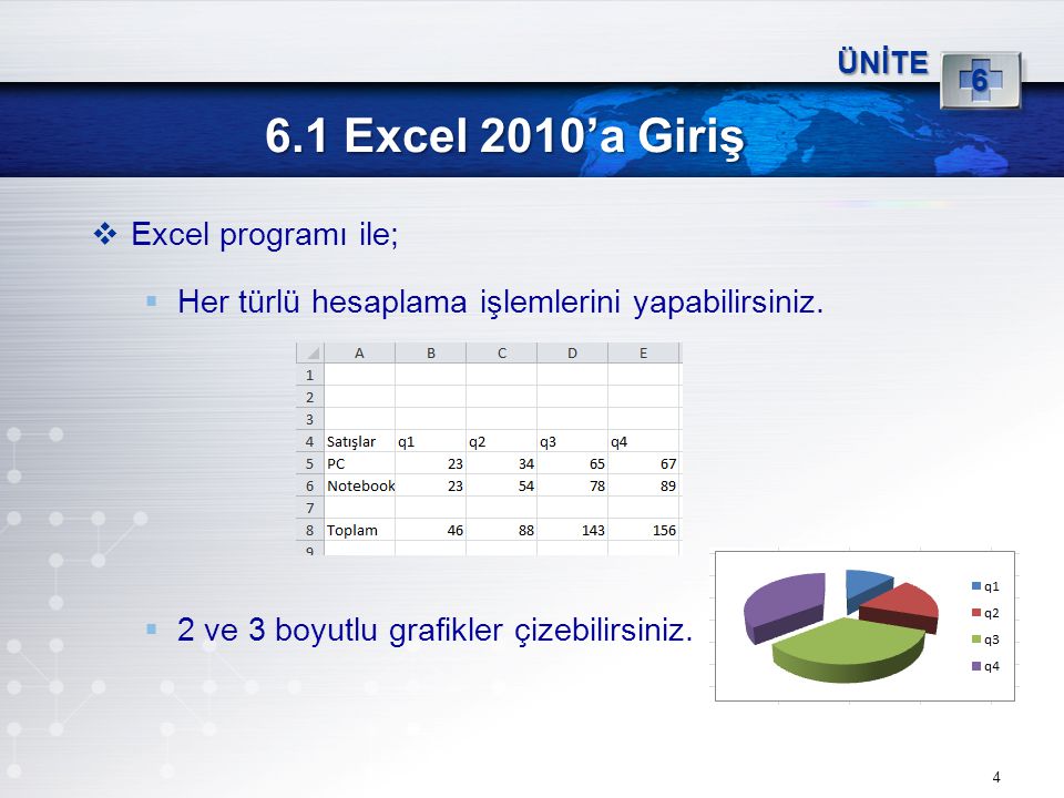 6.1 Excel 2010’a Giriş Excel programı ile;