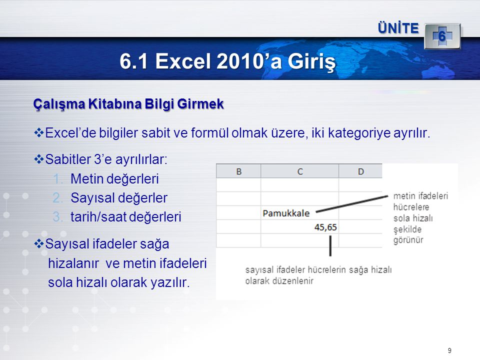 6.1 Excel 2010’a Giriş 6 ÜNİTE Çalışma Kitabına Bilgi Girmek