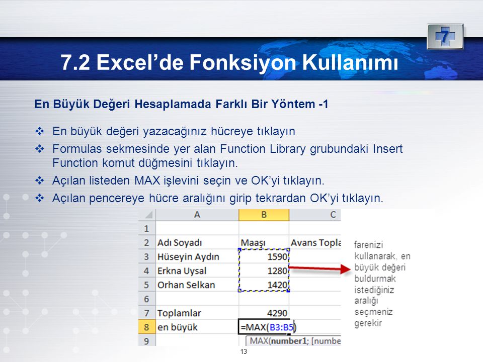 7.2 Excel’de Fonksiyon Kullanımı
