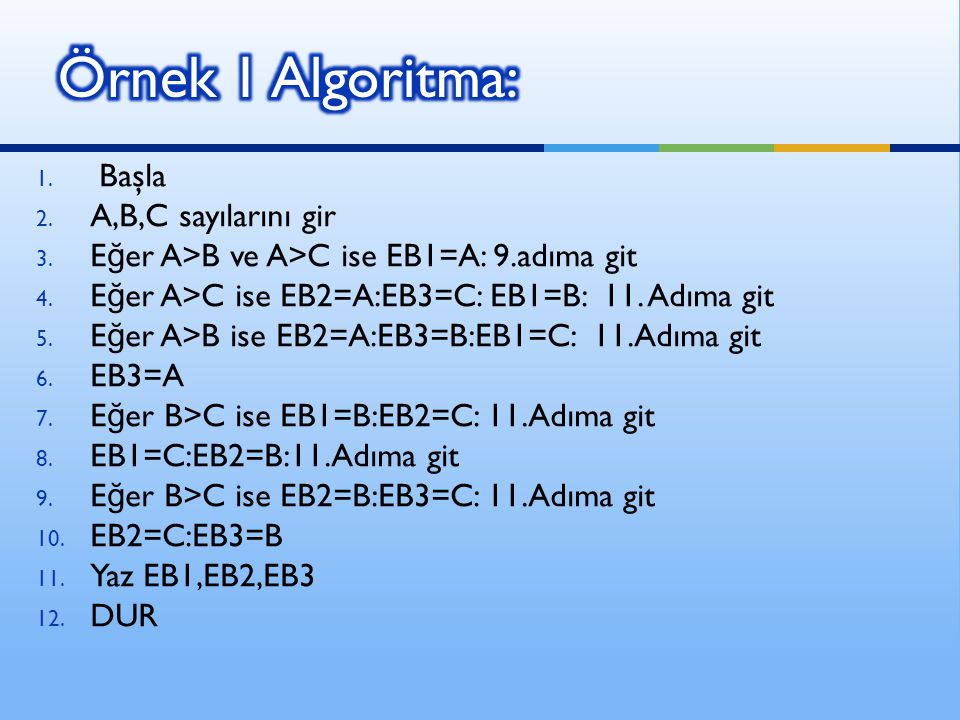 Örnek 1 Algoritma: Başla A,B,C sayılarını gir