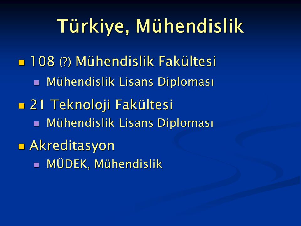 Türkiye, Mühendislik 108 ( ) Mühendislik Fakültesi