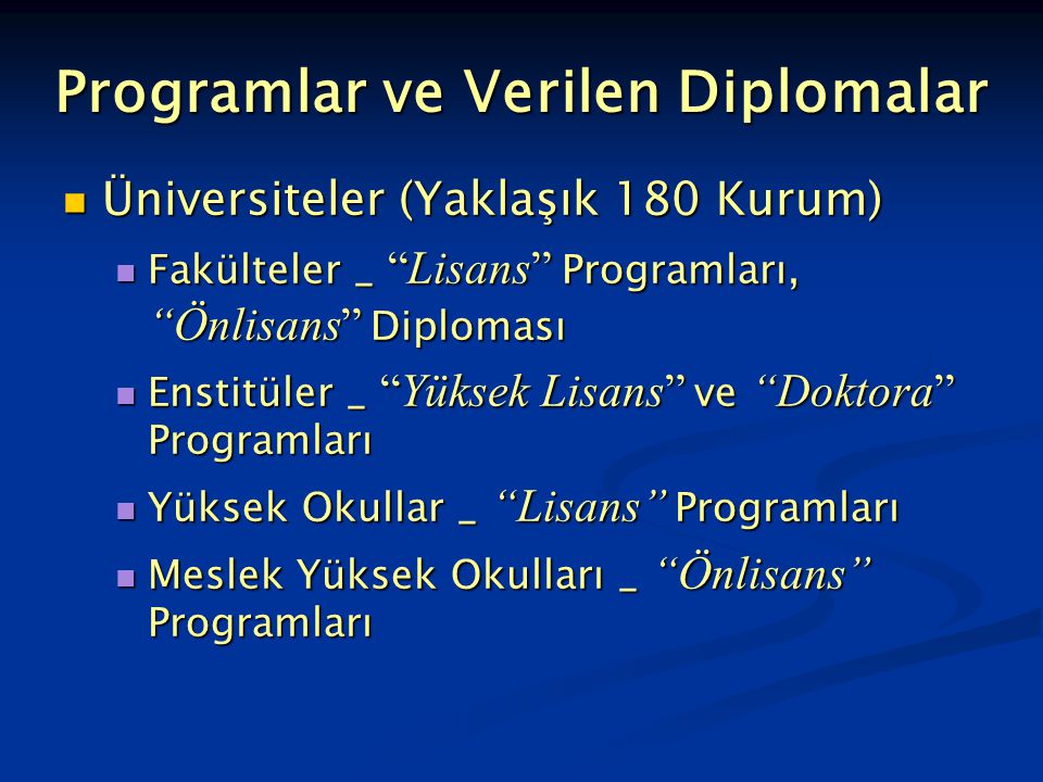 Programlar ve Verilen Diplomalar
