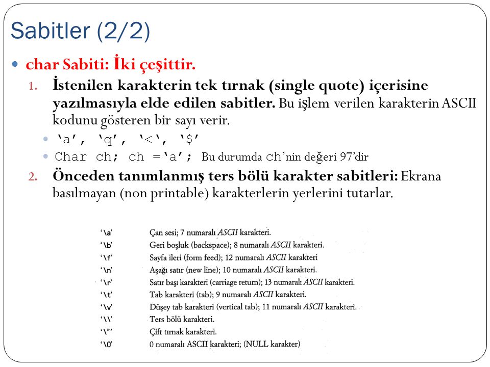 Sabitler (2/2) char Sabiti: İki çeşittir.