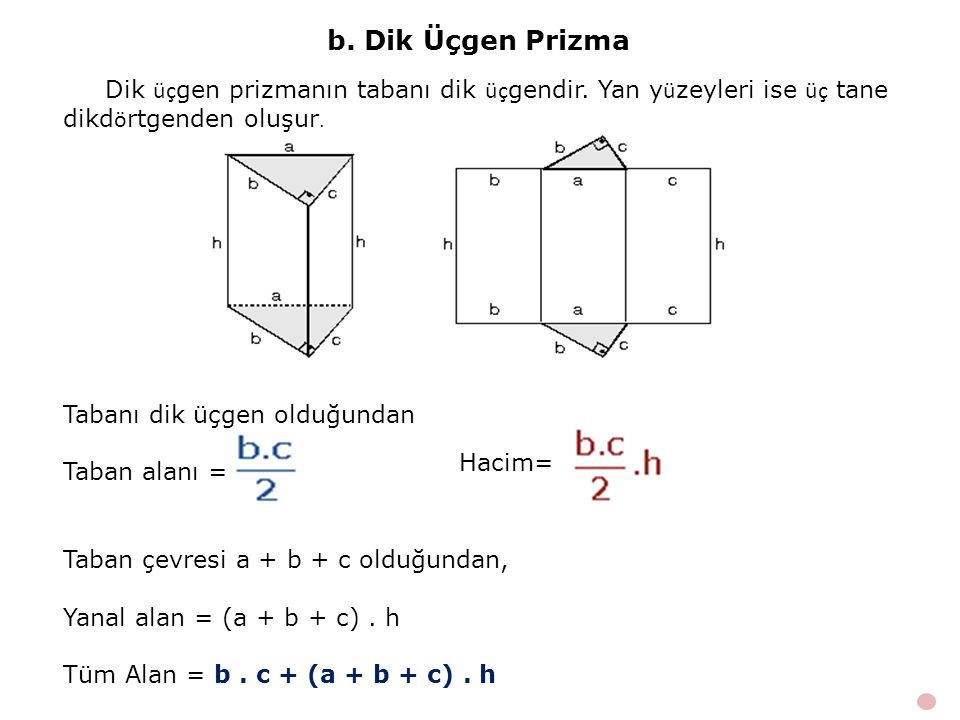 b. Dik Üçgen Prizma Dik üçgen prizmanın tabanı dik üçgendir. Yan yüzeyleri ise üç tane dikdörtgenden oluşur.
