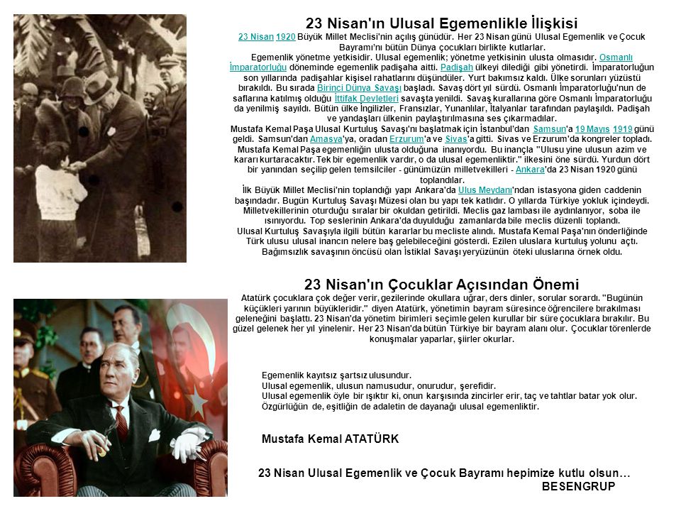 Mustafa Kemal ATATÜRK 23 Nisan ın Ulusal Egemenlikle İlişkisi