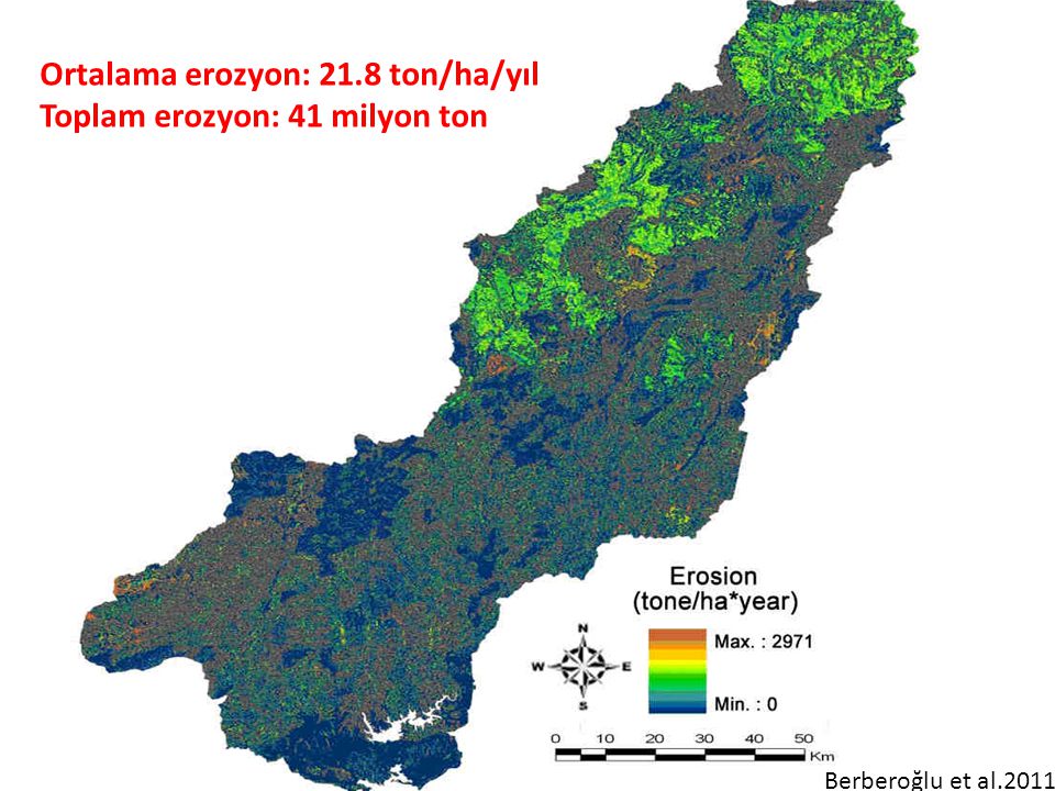Ortalama erozyon: 21.8 ton/ha/yıl Toplam erozyon: 41 milyon ton