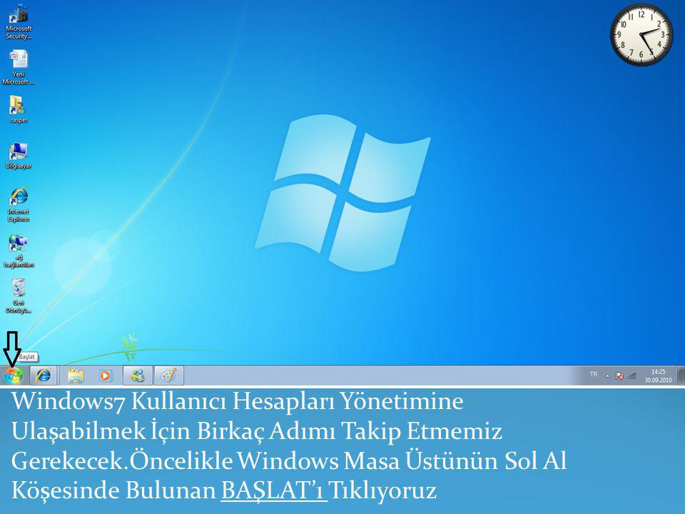 Windows7 Kullanıcı Hesapları Yönetimine Ulaşabilmek İçin Birkaç Adımı Takip Etmemiz Gerekecek.Öncelikle Windows Masa Üstünün Sol Al Köşesinde Bulunan BAŞLAT’ı Tıklıyoruz