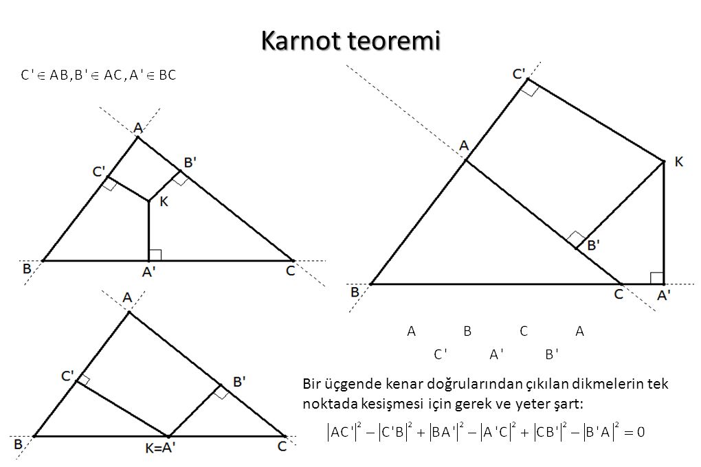 Karnot teoremi Bir üçgende kenar doğrularından çıkılan dikmelerin tek noktada kesişmesi için gerek ve yeter şart: