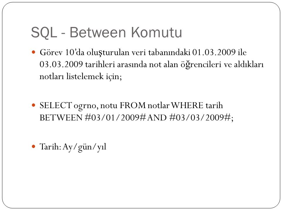 SQL - Between Komutu