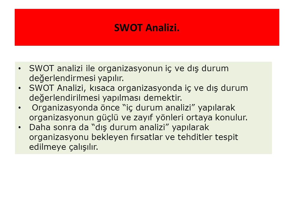 SWOT Analizi. SWOT analizi ile organizasyonun iç ve dış durum değerlendirmesi yapılır.