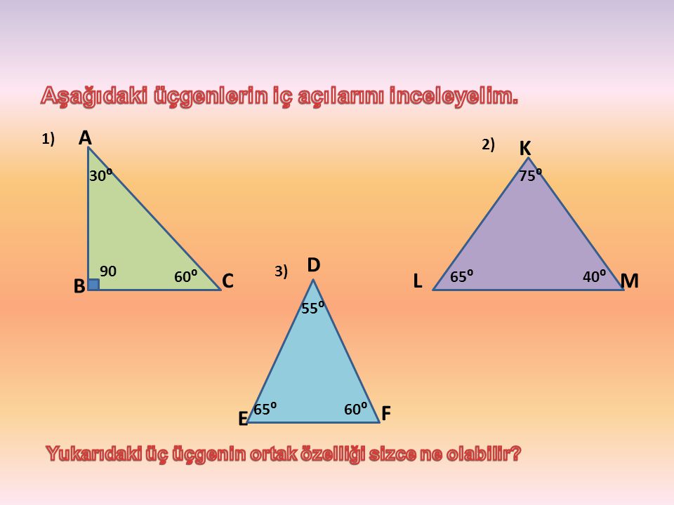 Aşağıdaki üçgenlerin iç açılarını inceleyelim.