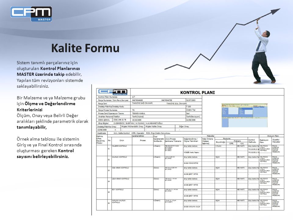 Kalite Formu Sistem tanımlı parçalarınız için oluşturulan Kontrol Planlarınızı MASTER üzerinde takip edebilir,