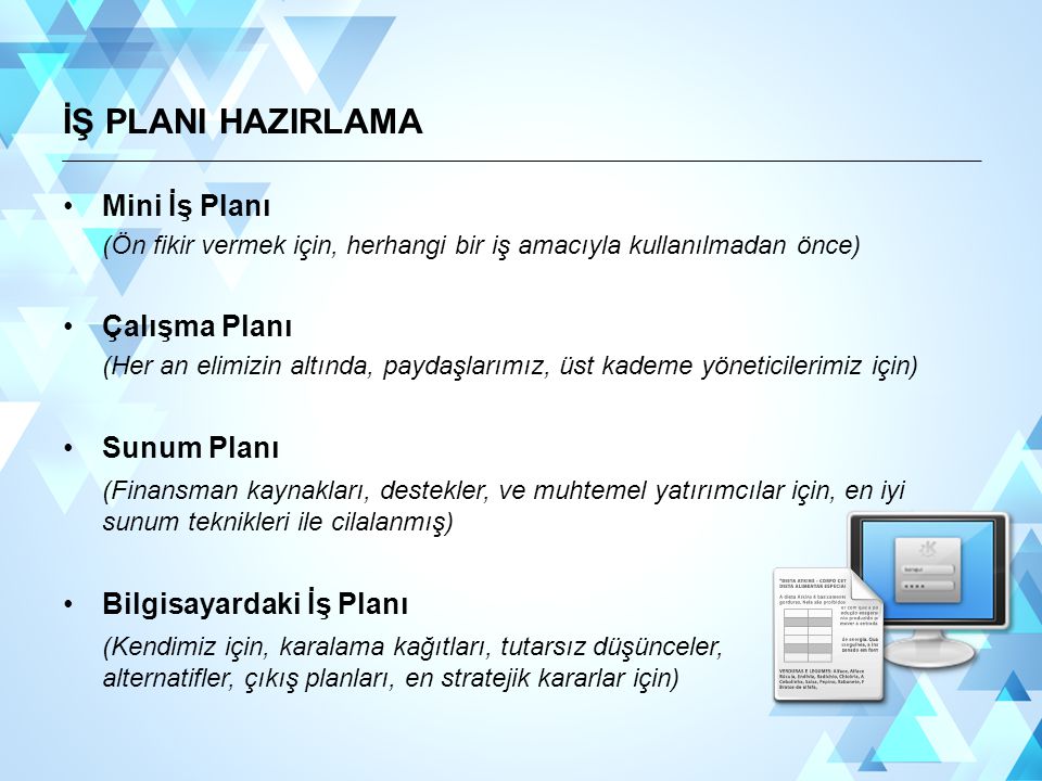 İŞ PLANI HAZIRLAMA Mini İş Planı Çalışma Planı Sunum Planı