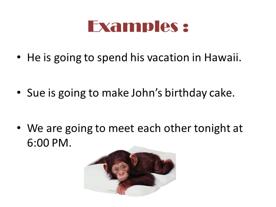 Examples : He is going to spend his vacation in Hawaii.