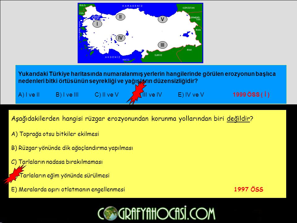 II V. I. IV. III. Yukarıdaki Türkiye haritasında numaralanmış yerlerin hangilerinde görülen erozyonun başlıca.