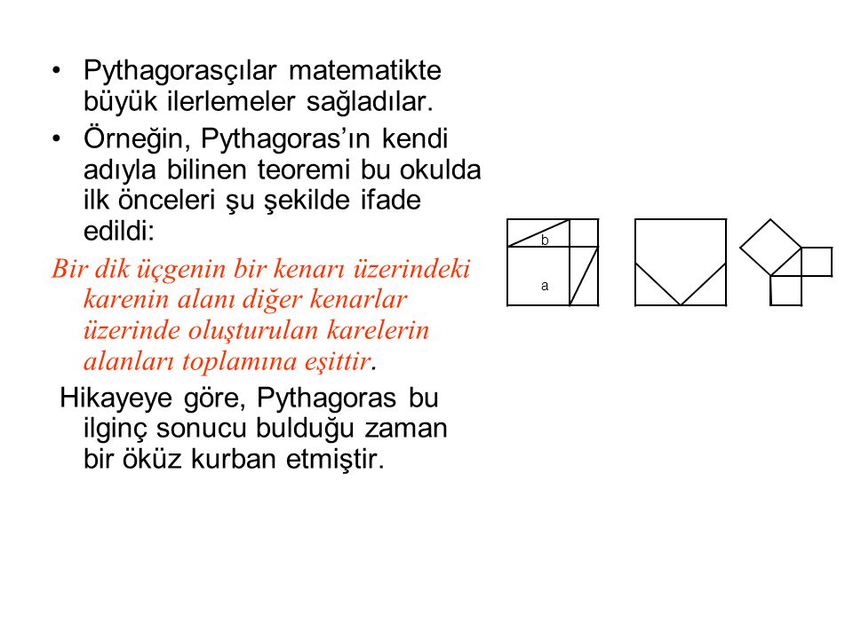 Pythagorasçılar matematikte büyük ilerlemeler sağladılar.