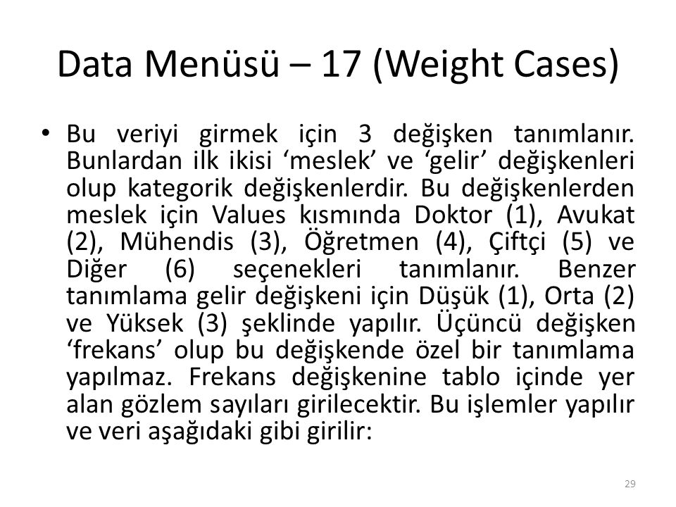 Data Menüsü – 18 (Weight Cases)