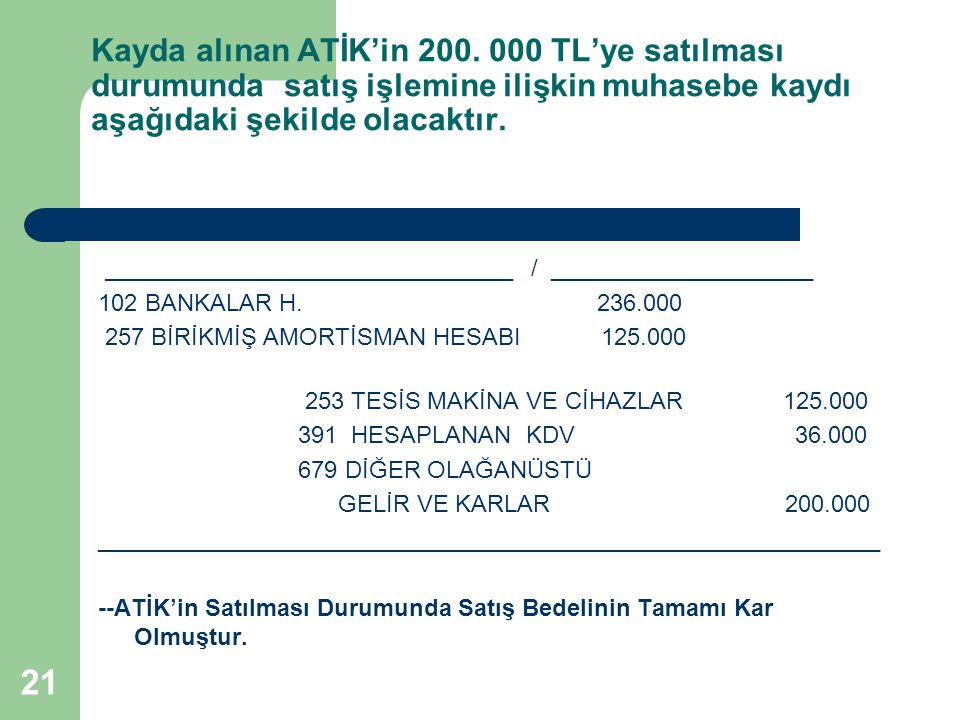 Kayda alınan ATİK’in TL’ye satılması durumunda satış işlemine ilişkin muhasebe kaydı aşağıdaki şekilde olacaktır.