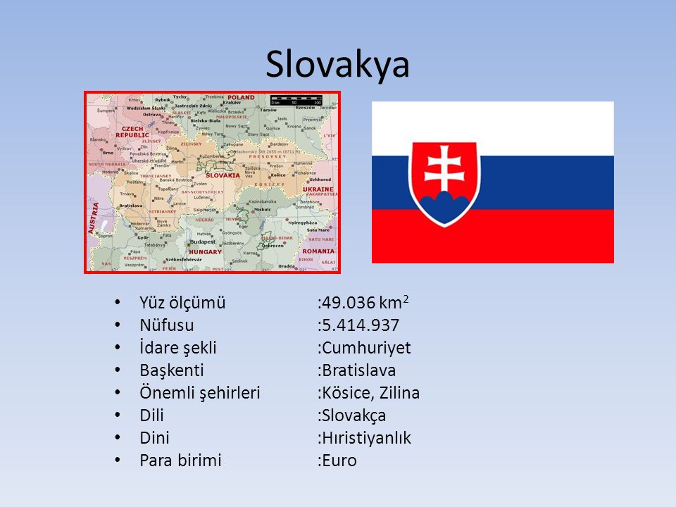 Slovakya Yüz ölçümü : km2 Nüfusu :