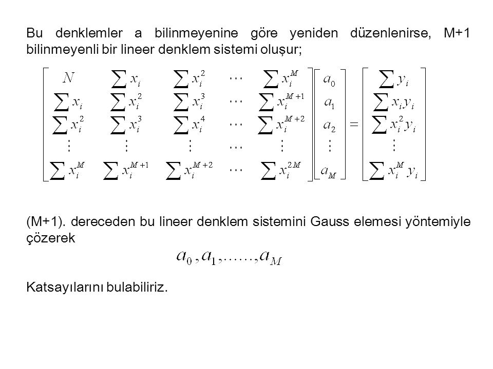 Bu denklemler a bilinmeyenine göre yeniden düzenlenirse, M+1 bilinmeyenli bir lineer denklem sistemi oluşur;