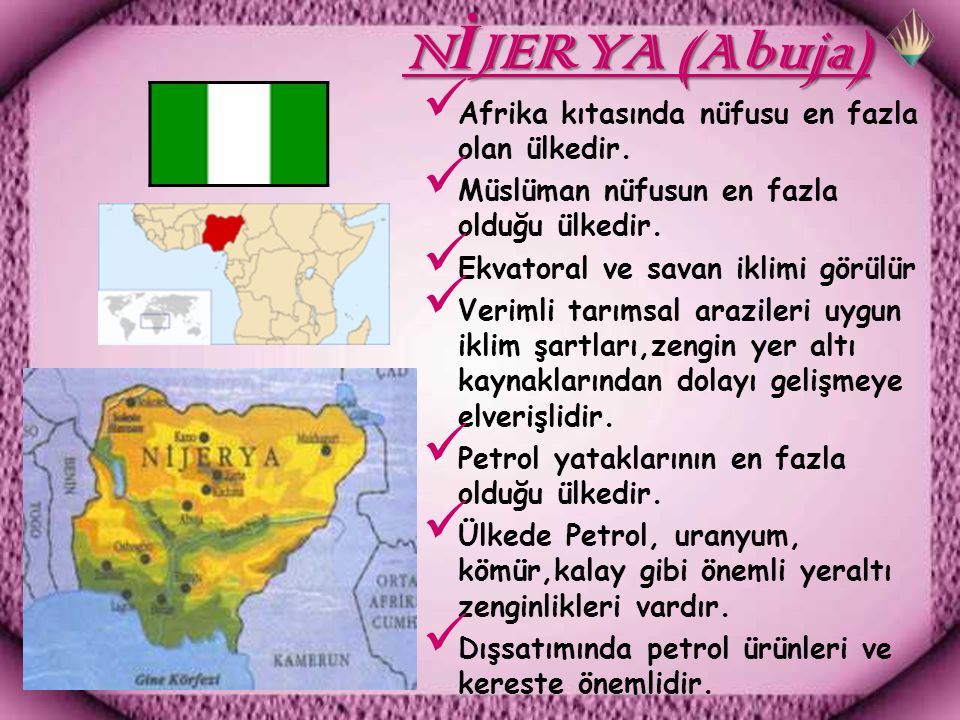 NİJERYA (Abuja) Afrika kıtasında nüfusu en fazla olan ülkedir.