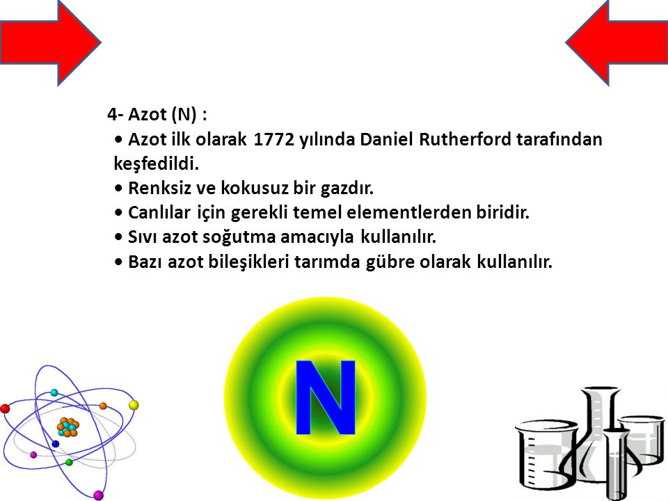 4- Azot (N) : • Azot ilk olarak 1772 yılında Daniel Rutherford tarafından keşfedildi.