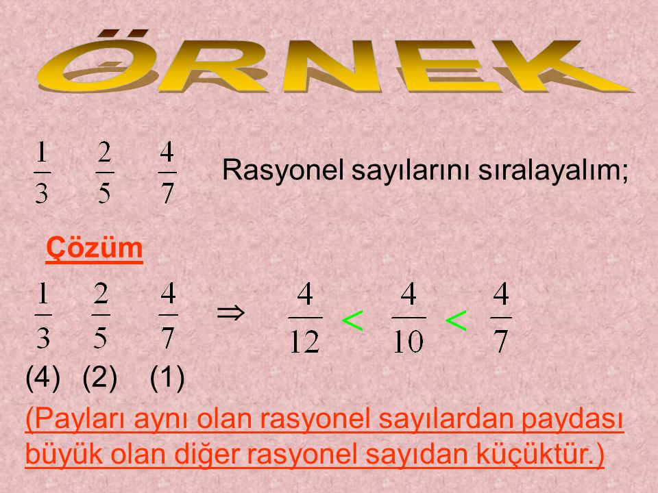   ÖRNEK Rasyonel sayılarını sıralayalım; Çözüm  (4) (2) (1)
