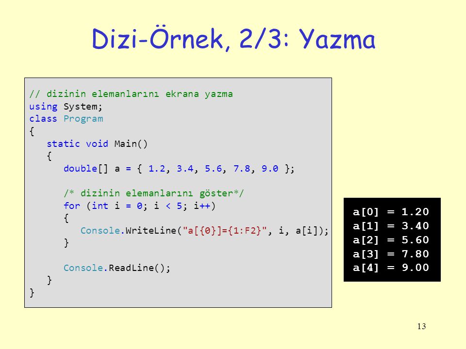 Dizi-Örnek, 2/3: Yazma a[0] = 1.20 a[1] = 3.40 a[2] = 5.60 a[3] = 7.80