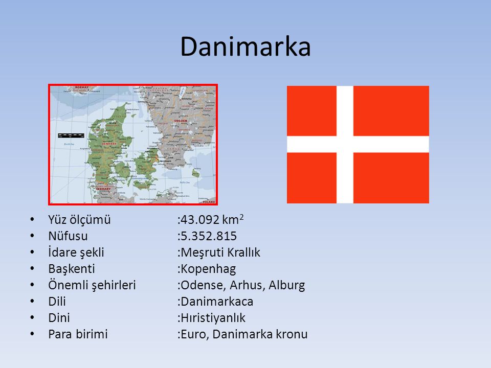 Danimarka Yüz ölçümü : km2 Nüfusu :