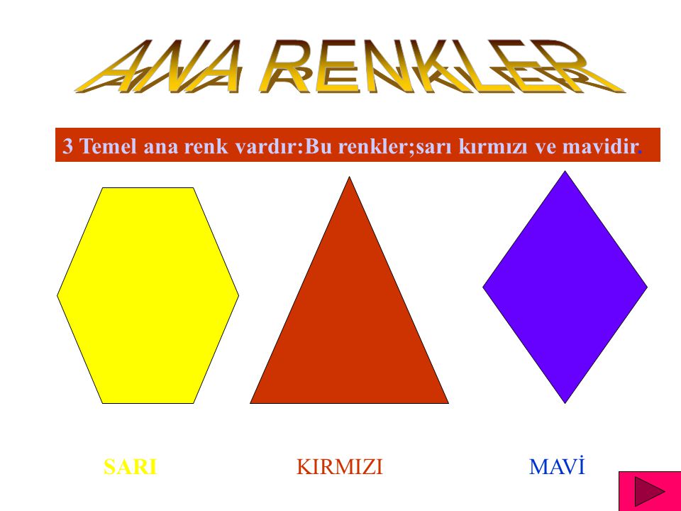 ANA RENKLER 3 Temel ana renk vardır:Bu renkler;sarı kırmızı ve mavidir. SARI KIRMIZI MAVİ