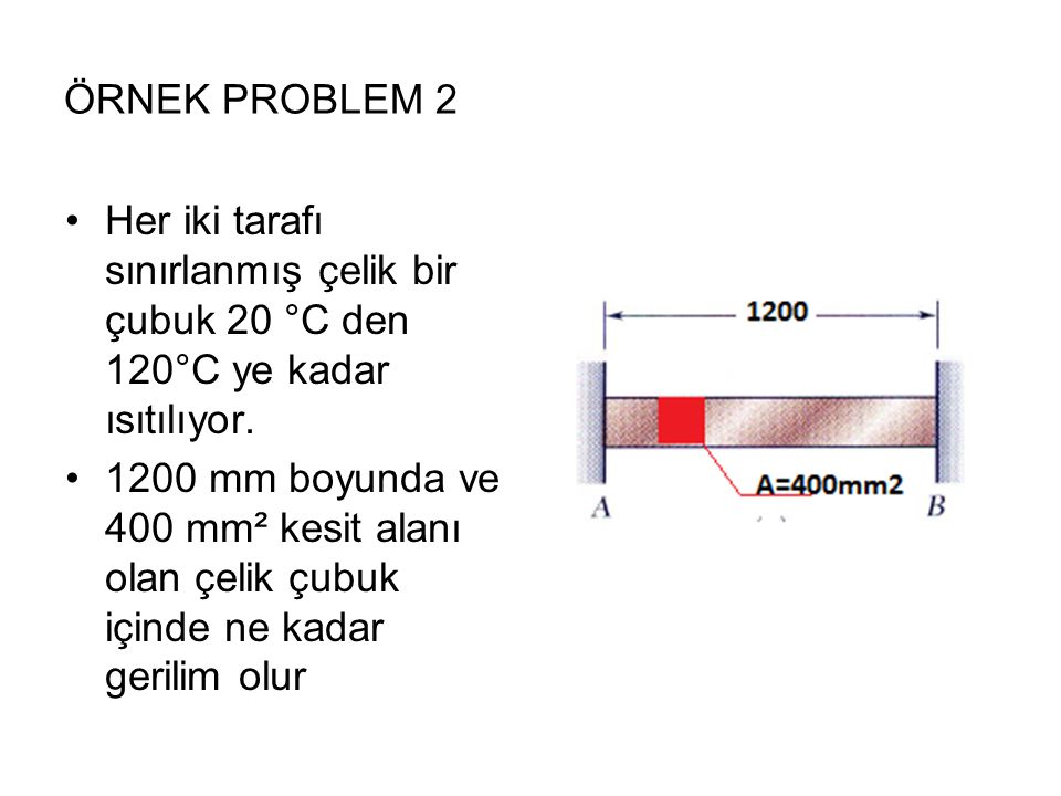 ÖRNEK PROBLEM 2 Her iki tarafı sınırlanmış çelik bir çubuk 20 °C den 120°C ye kadar ısıtılıyor.